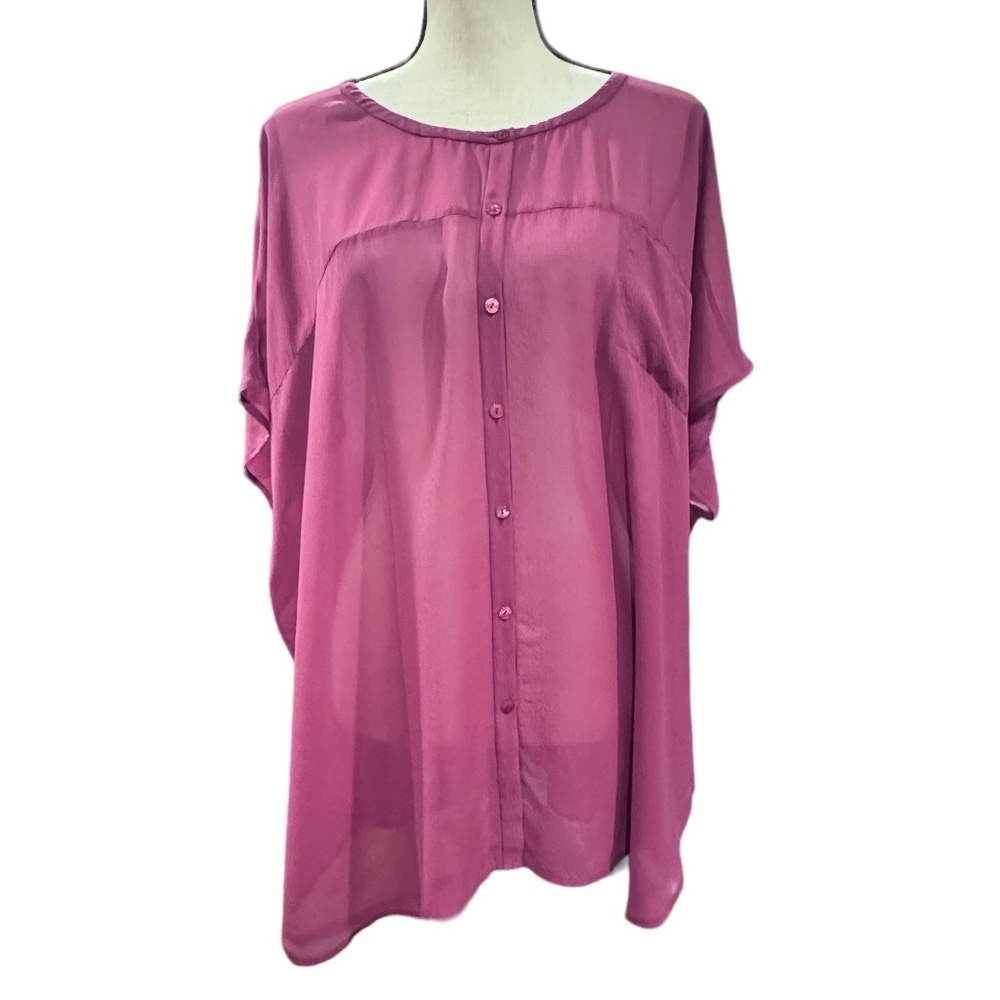 EILEEN FISHER DARK PRIMROSE PURPLE SHEER SILK SHORT DOLMAN SLEEVE BLOUSE - NWT